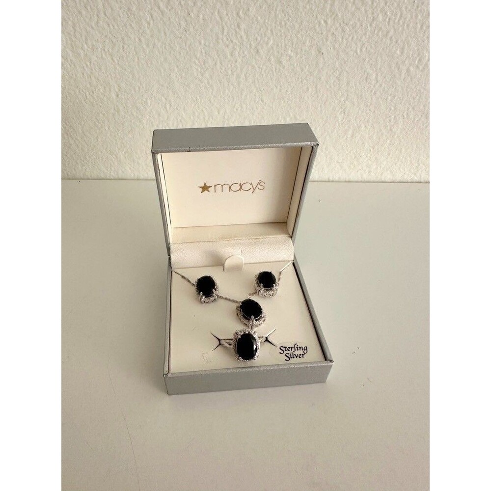 NEW Macy's Sterling Silver Bridge Cultured Pearl Onyx Set Black Necklace Earring